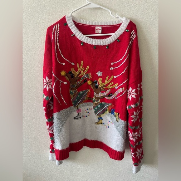 Holiday time red and white knit reindeer skating Christmas crew neck sweater - Picture 1 of 3